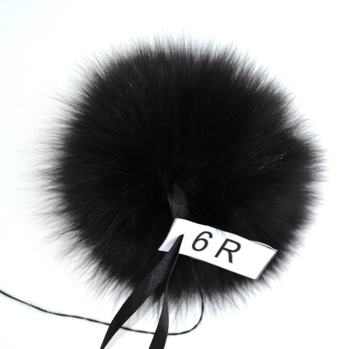 5,5" Black Fox Fur Pompom for Winter Hat with ribbons