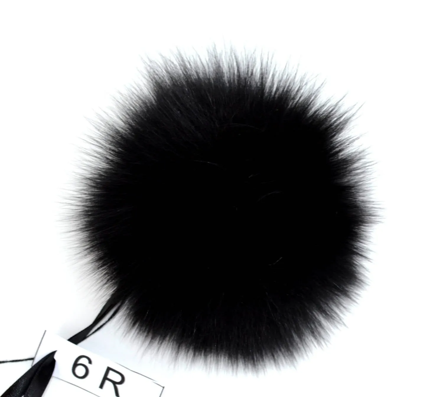 5,5" Black Fox Fur Pompom for Winter Hat with ribbons