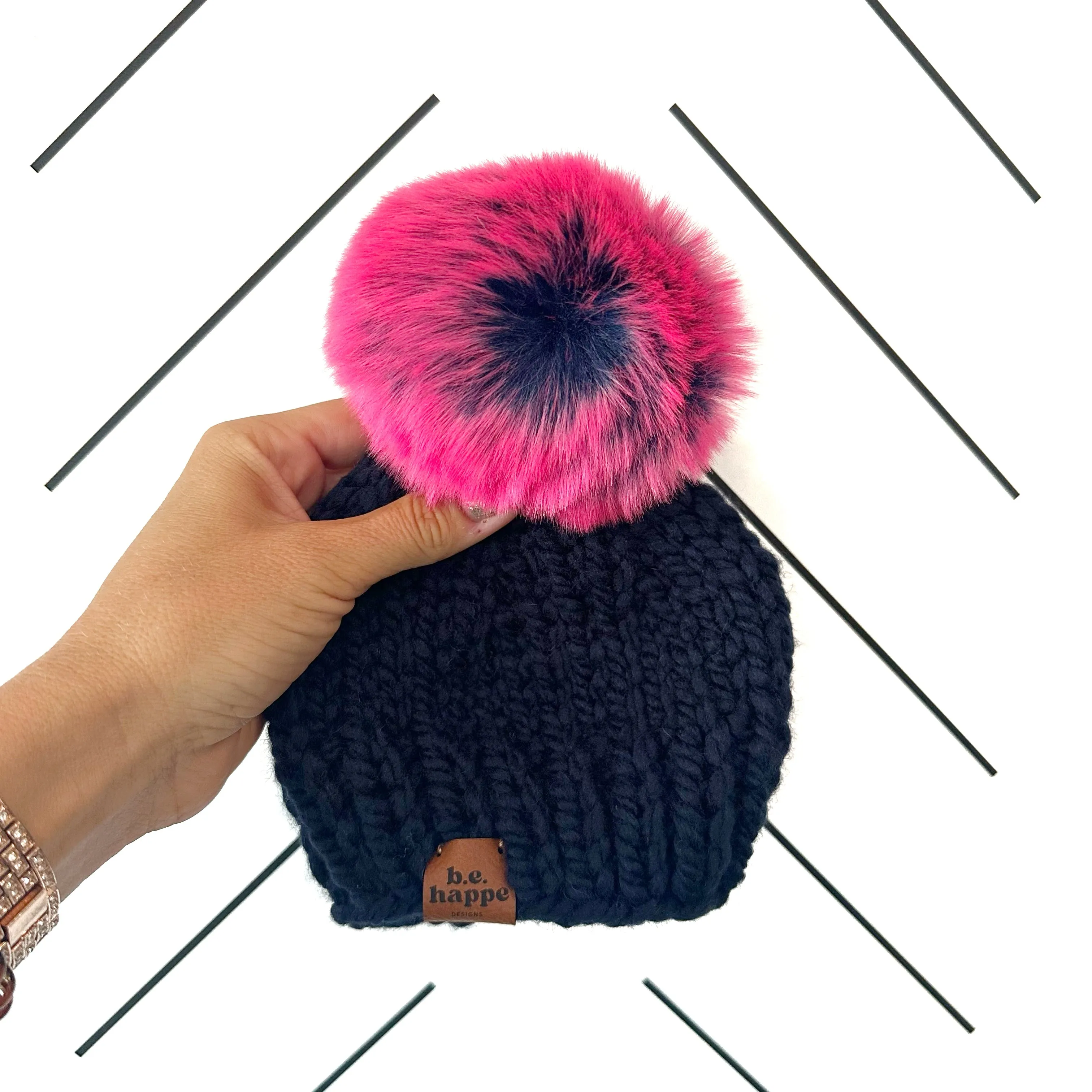 Adult Solid Knit Pom Hat | Navy Blue   Pink Pom