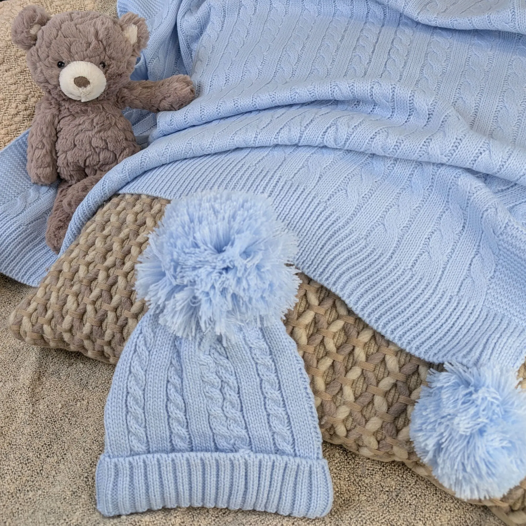 Baby Blanket Wrap with Pom Pom and Pom Pom Hat Set - Blue