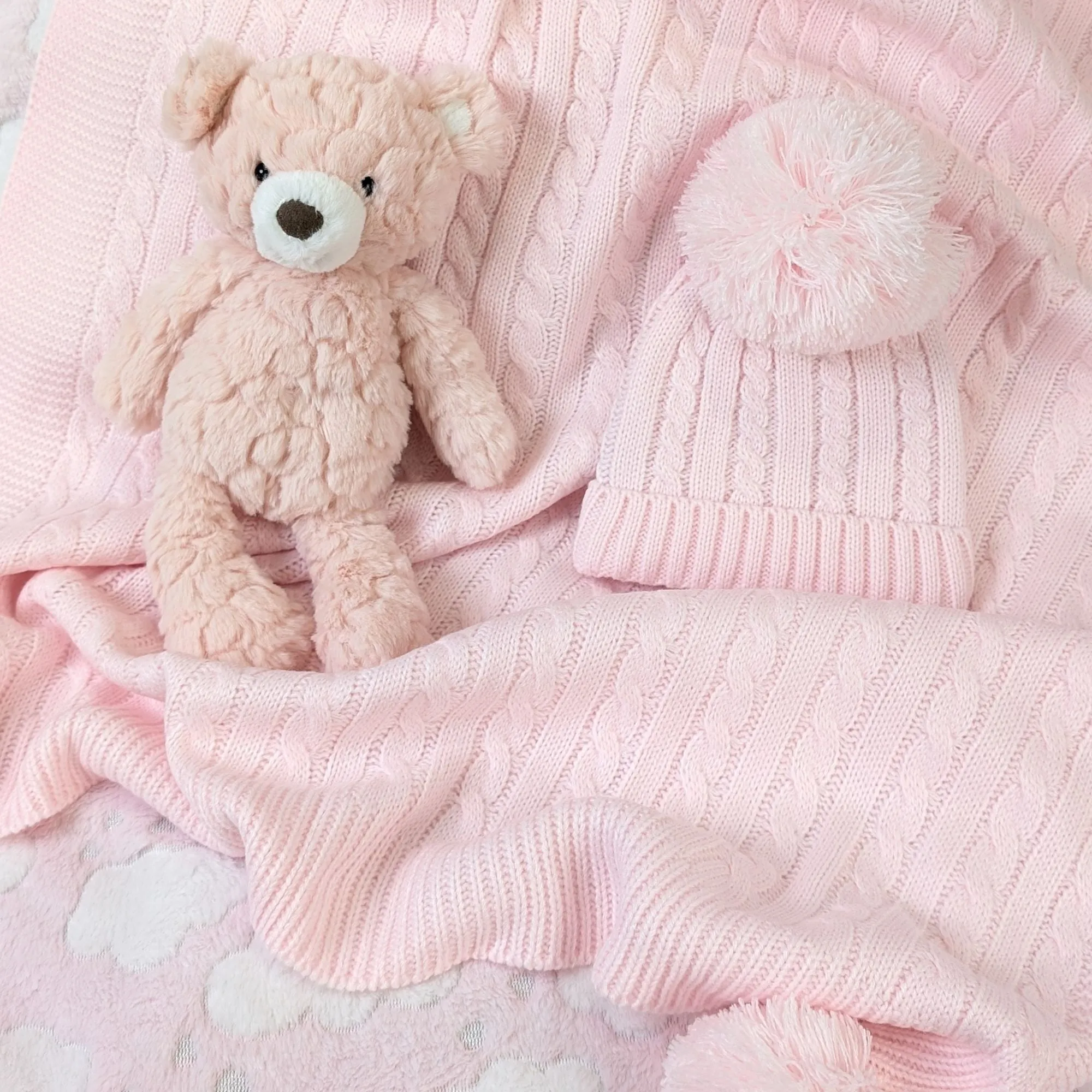 Baby Blanket Wrap with Pom Pom and Pom Pom Hat Set - Pink