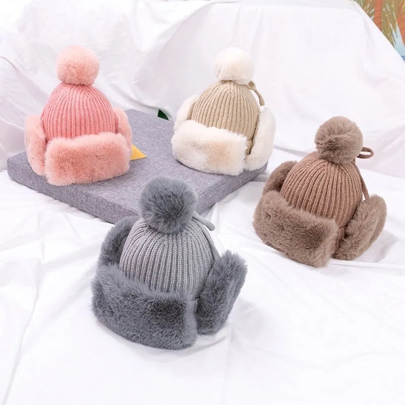 Baby Boys Girls Hat Kids Children Ear Flap Muff Winter Warm Plush Cotton Cap Outdoor Warm Knitted Beanie Gifts Hat