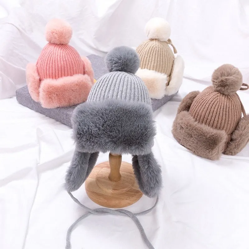 Baby Boys Girls Hat Kids Children Ear Flap Muff Winter Warm Plush Cotton Cap Outdoor Warm Knitted Beanie Gifts Hat