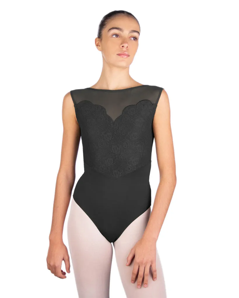 Ballet Rosa Caprice Boat Neck Floral Lace Front Open Mesh Back Tank Leotard - Womens