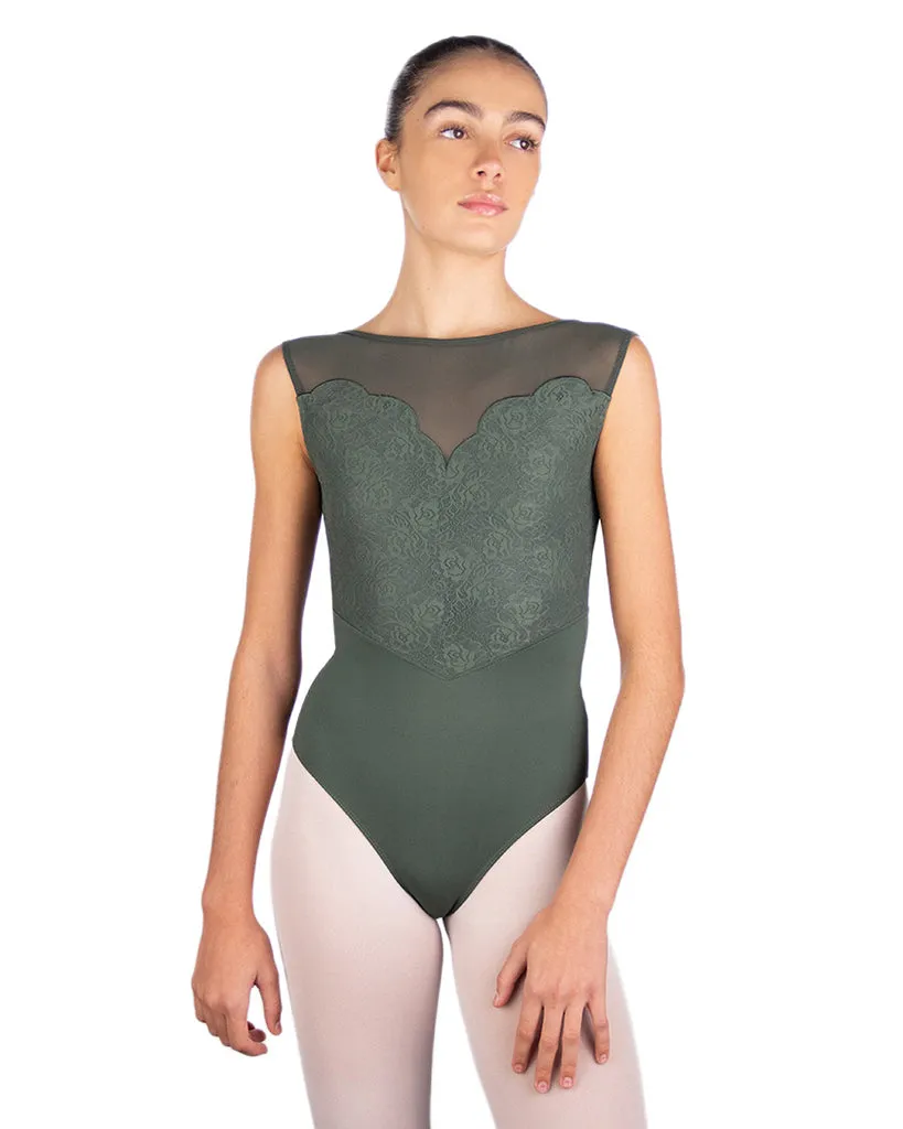 Ballet Rosa Caprice Boat Neck Floral Lace Front Open Mesh Back Tank Leotard - Womens