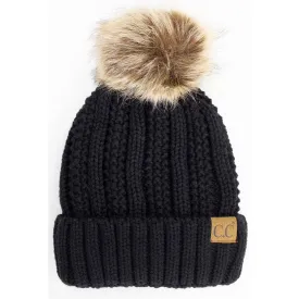 Black Lined Cable Pom Beanie