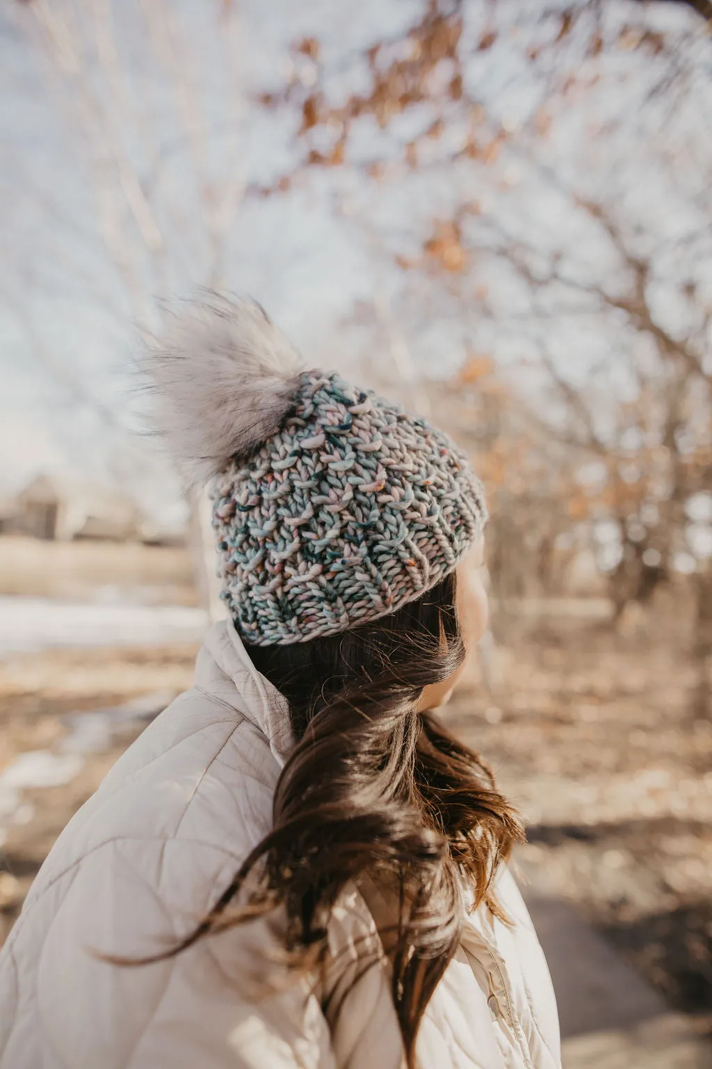 Blue Speckle Merino Wool Knit Hat with Faux Fur Pom Pom - Hand-Dyed Yarn