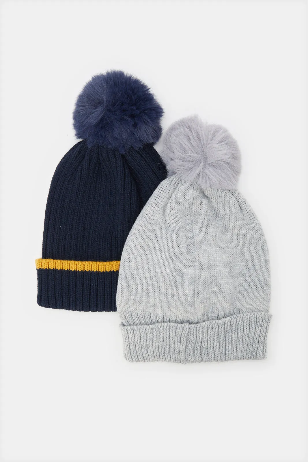 Boys Grey And Navy Embellished Knitted Cap Set (2 Piece)