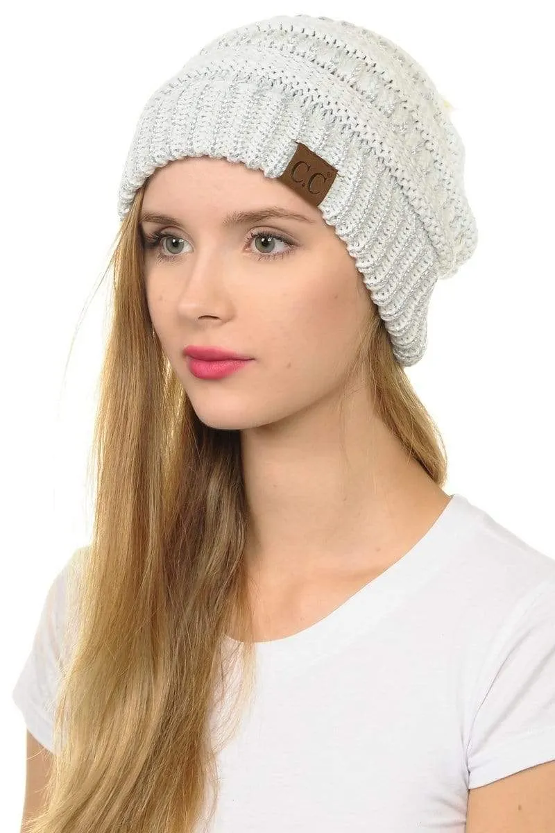 C.C Hat 43M - Slouchy Thick Warm Cap Hat Skully Metallic Faux Fur Pom Pom Cable Knit Beanie