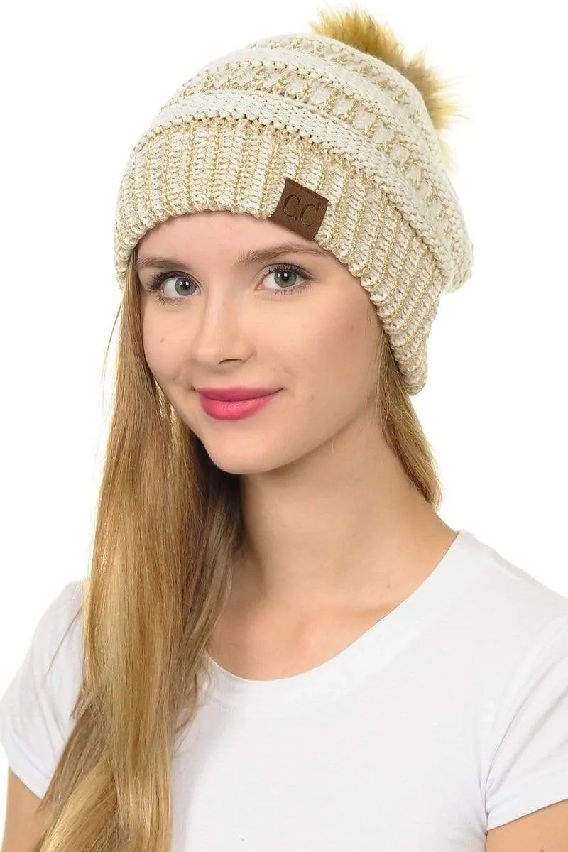 C.C Hat 43M - Slouchy Thick Warm Cap Hat Skully Metallic Faux Fur Pom Pom Cable Knit Beanie