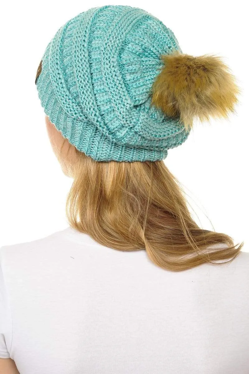 C.C Hat 43M - Slouchy Thick Warm Cap Hat Skully Metallic Faux Fur Pom Pom Cable Knit Beanie