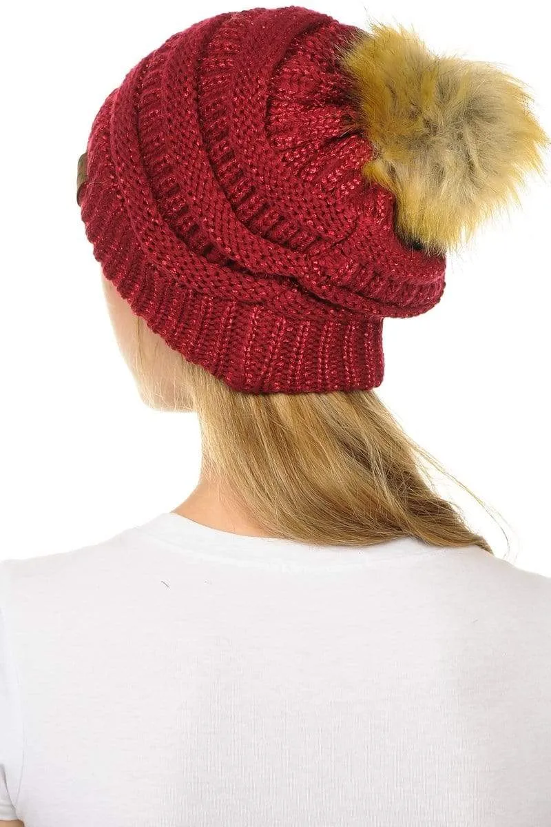 C.C Hat 43M - Slouchy Thick Warm Cap Hat Skully Metallic Faux Fur Pom Pom Cable Knit Beanie