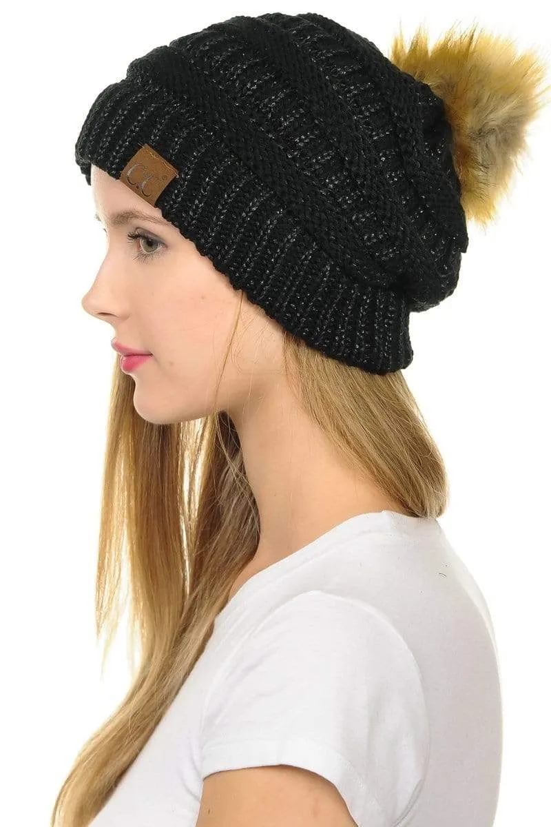 C.C Hat 43M - Slouchy Thick Warm Cap Hat Skully Metallic Faux Fur Pom Pom Cable Knit Beanie