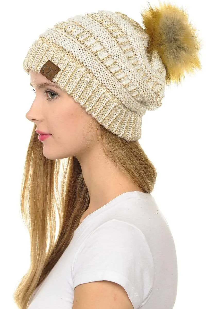 C.C Hat 43M - Slouchy Thick Warm Cap Hat Skully Metallic Faux Fur Pom Pom Cable Knit Beanie