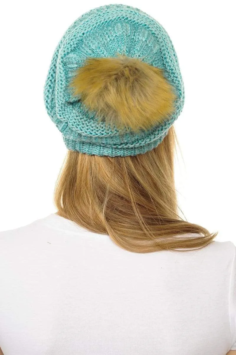 C.C Hat 43M - Slouchy Thick Warm Cap Hat Skully Metallic Faux Fur Pom Pom Cable Knit Beanie