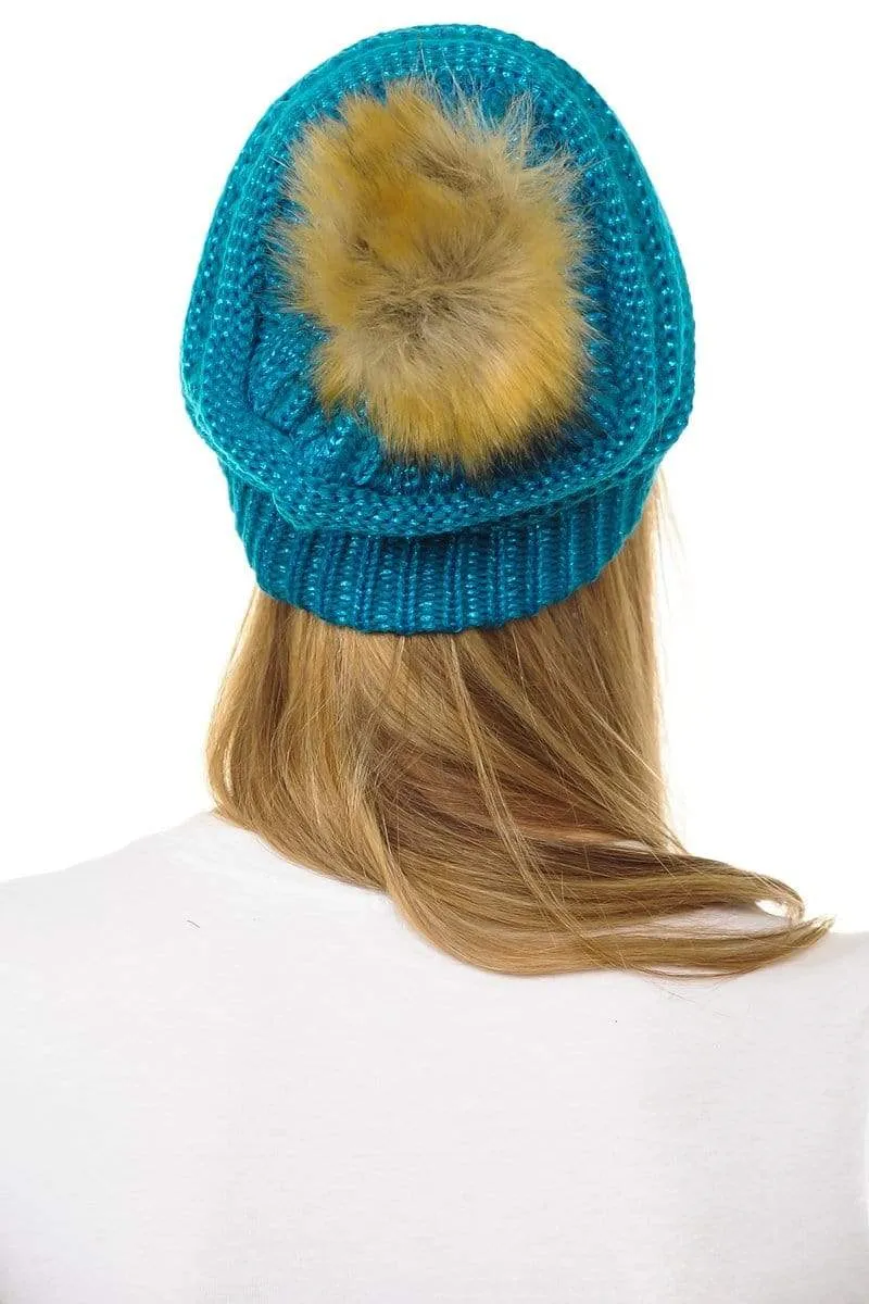 C.C Hat 43M - Slouchy Thick Warm Cap Hat Skully Metallic Faux Fur Pom Pom Cable Knit Beanie