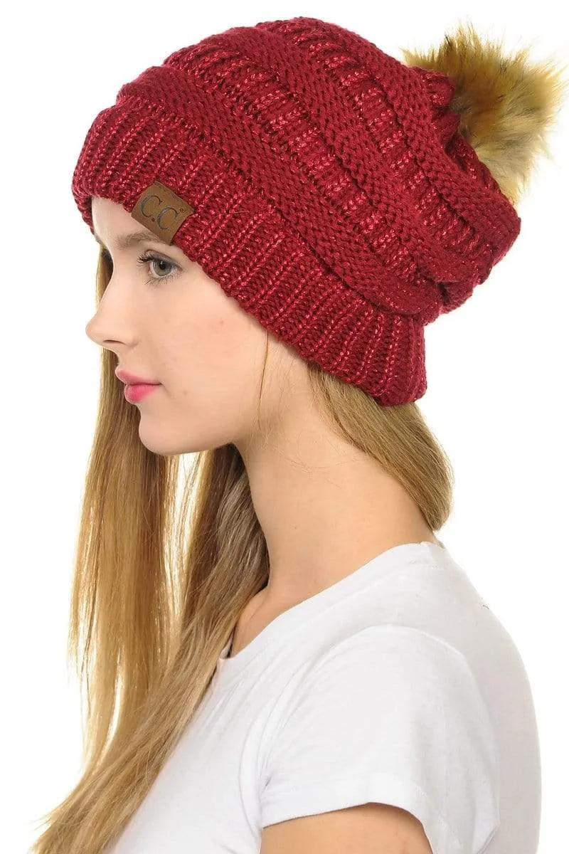 C.C Hat 43M - Slouchy Thick Warm Cap Hat Skully Metallic Faux Fur Pom Pom Cable Knit Beanie