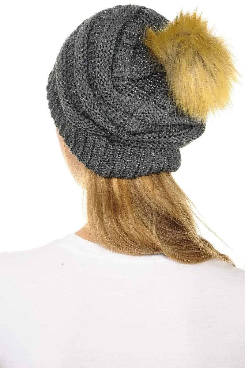 C.C Hat 43M - Slouchy Thick Warm Cap Hat Skully Metallic Faux Fur Pom Pom Cable Knit Beanie