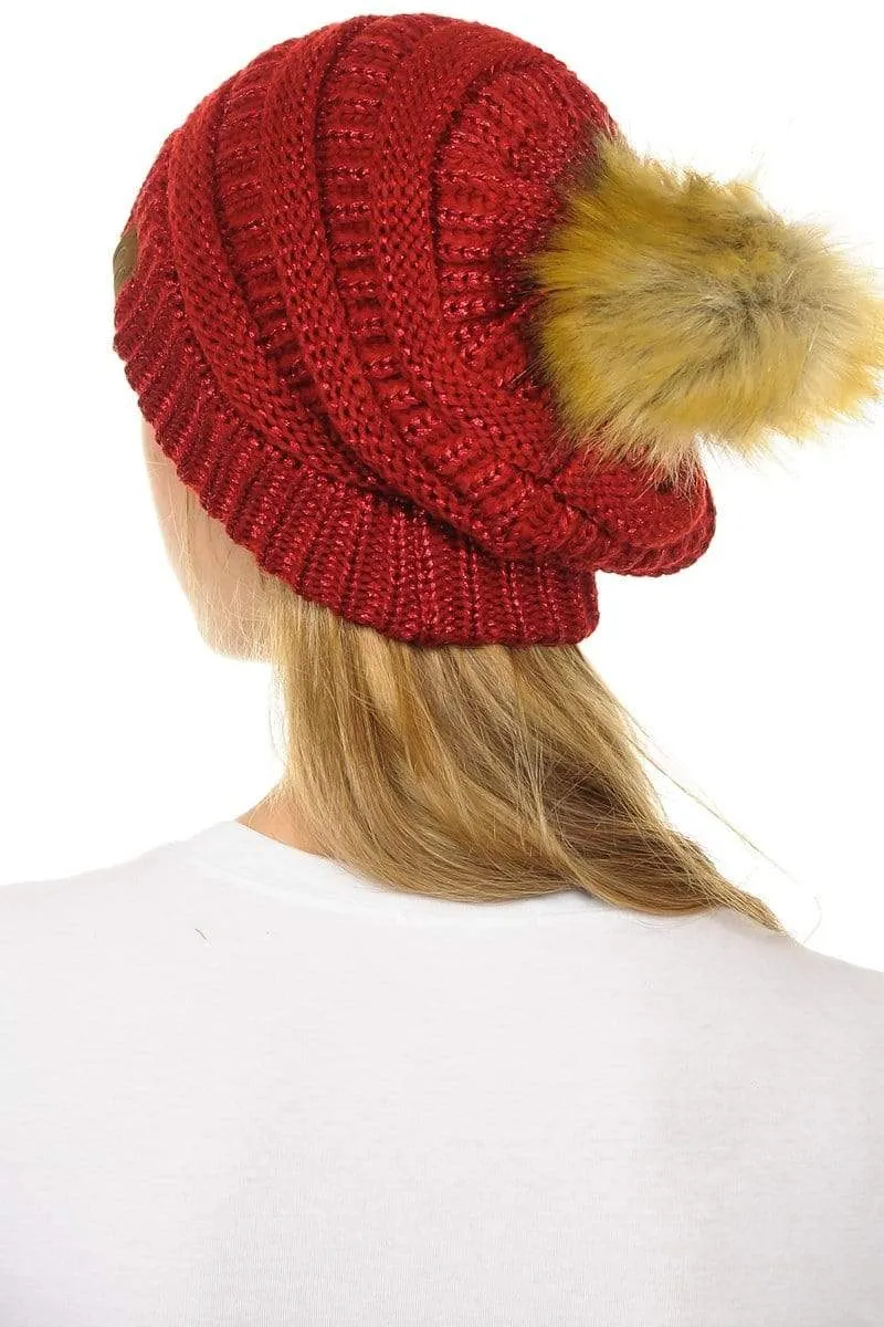 C.C Hat 43M - Slouchy Thick Warm Cap Hat Skully Metallic Faux Fur Pom Pom Cable Knit Beanie