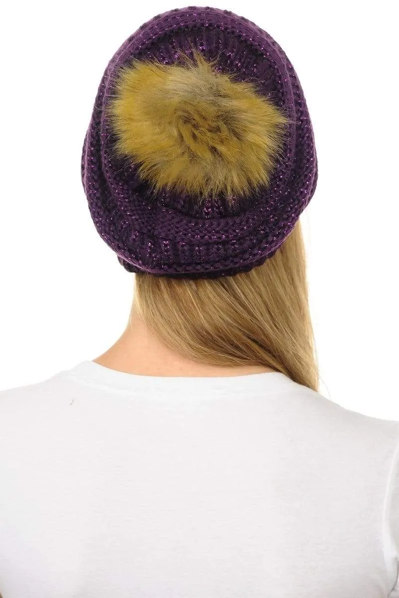 C.C Hat 43M - Slouchy Thick Warm Cap Hat Skully Metallic Faux Fur Pom Pom Cable Knit Beanie