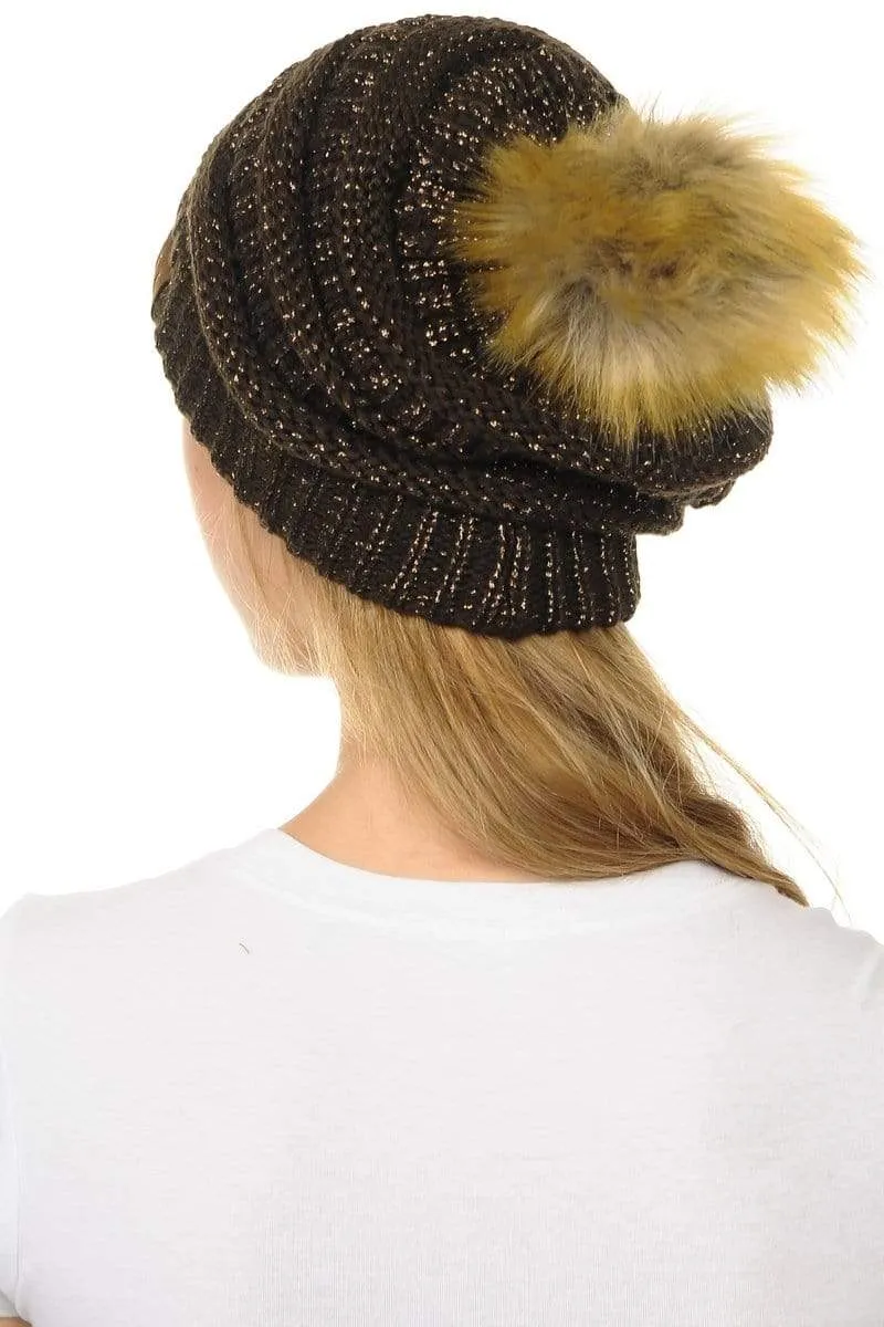 C.C Hat 43M - Slouchy Thick Warm Cap Hat Skully Metallic Faux Fur Pom Pom Cable Knit Beanie