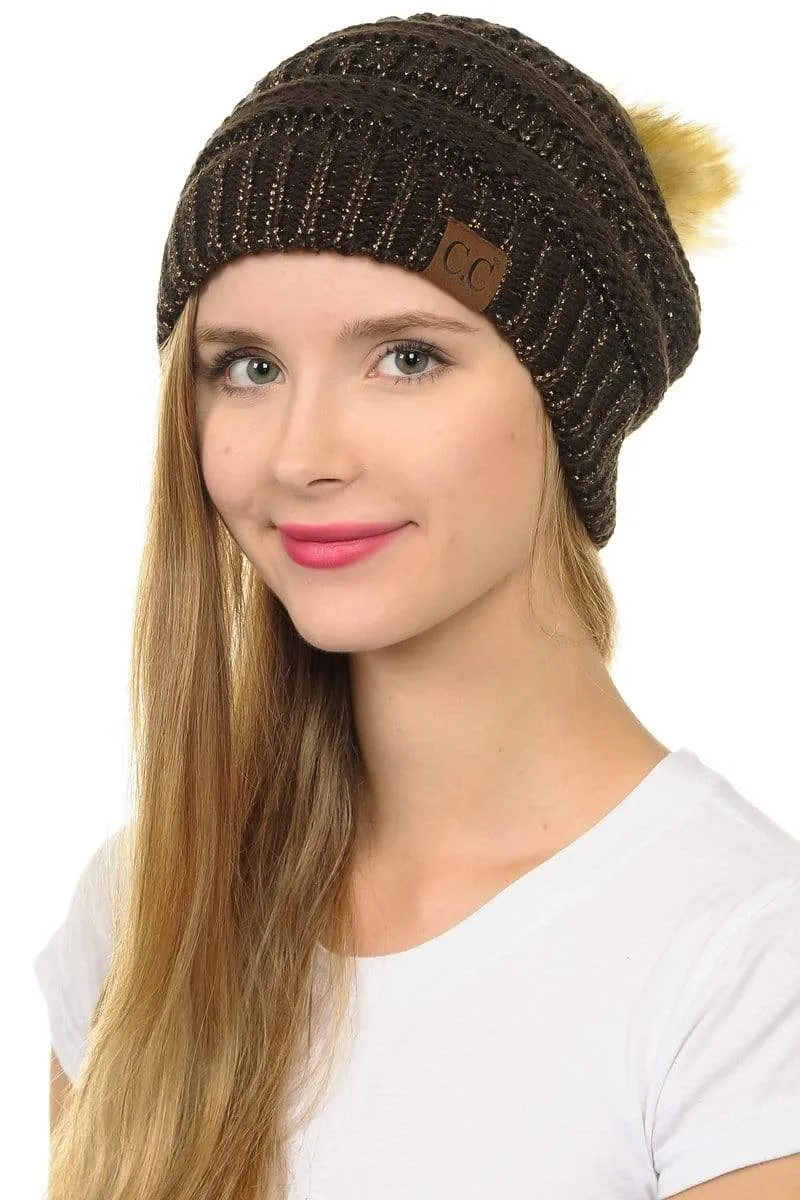 C.C Hat 43M - Slouchy Thick Warm Cap Hat Skully Metallic Faux Fur Pom Pom Cable Knit Beanie