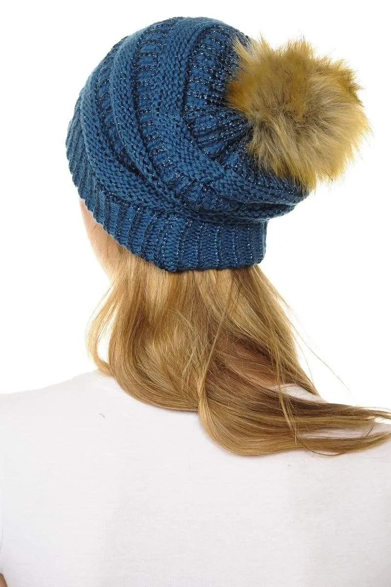 C.C Hat 43M - Slouchy Thick Warm Cap Hat Skully Metallic Faux Fur Pom Pom Cable Knit Beanie