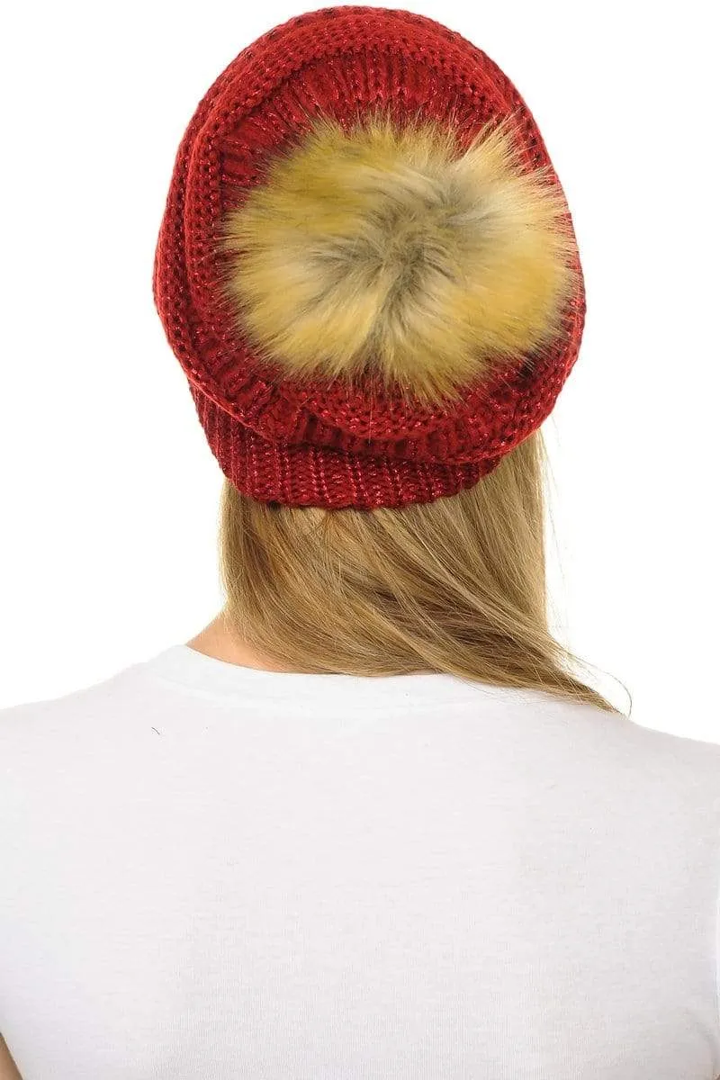 C.C Hat 43M - Slouchy Thick Warm Cap Hat Skully Metallic Faux Fur Pom Pom Cable Knit Beanie