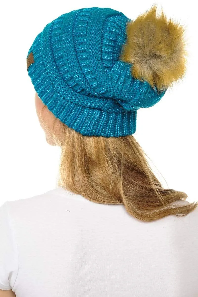 C.C Hat 43M - Slouchy Thick Warm Cap Hat Skully Metallic Faux Fur Pom Pom Cable Knit Beanie