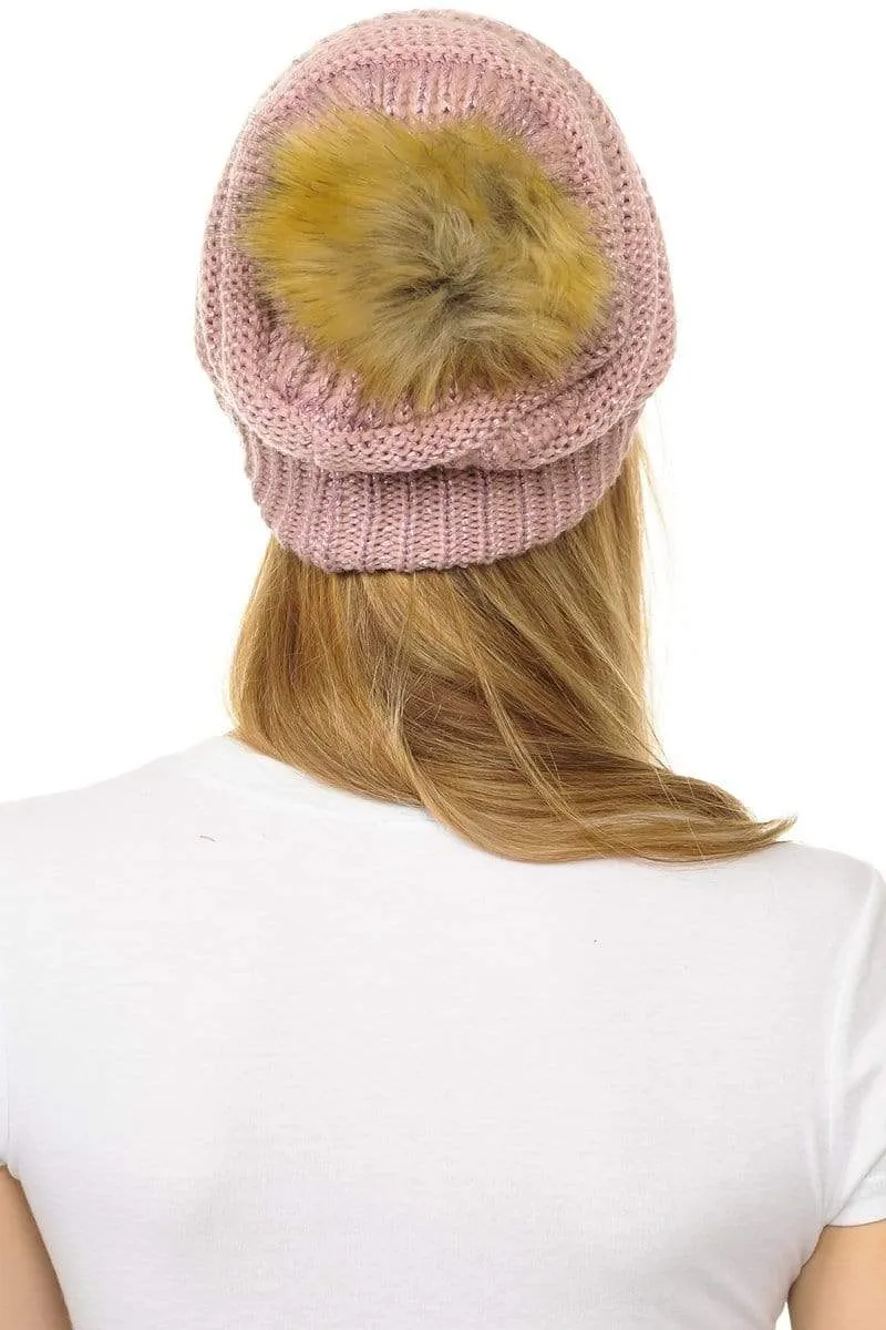 C.C Hat 43M - Slouchy Thick Warm Cap Hat Skully Metallic Faux Fur Pom Pom Cable Knit Beanie