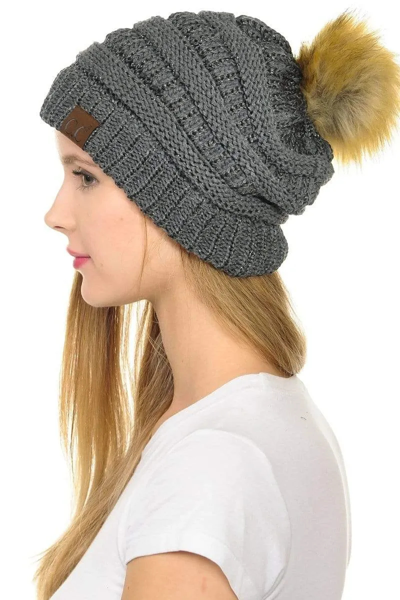 C.C Hat 43M - Slouchy Thick Warm Cap Hat Skully Metallic Faux Fur Pom Pom Cable Knit Beanie