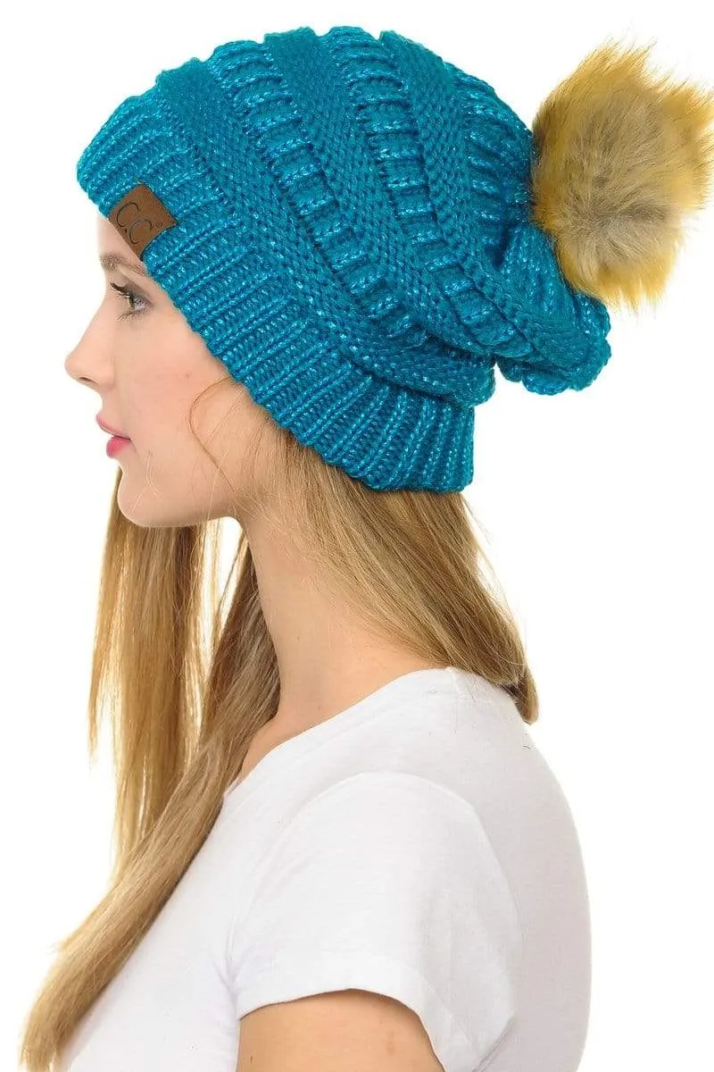 C.C Hat 43M - Slouchy Thick Warm Cap Hat Skully Metallic Faux Fur Pom Pom Cable Knit Beanie