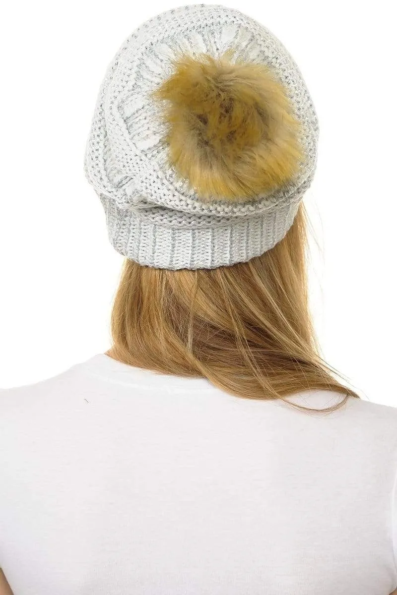 C.C Hat 43M - Slouchy Thick Warm Cap Hat Skully Metallic Faux Fur Pom Pom Cable Knit Beanie