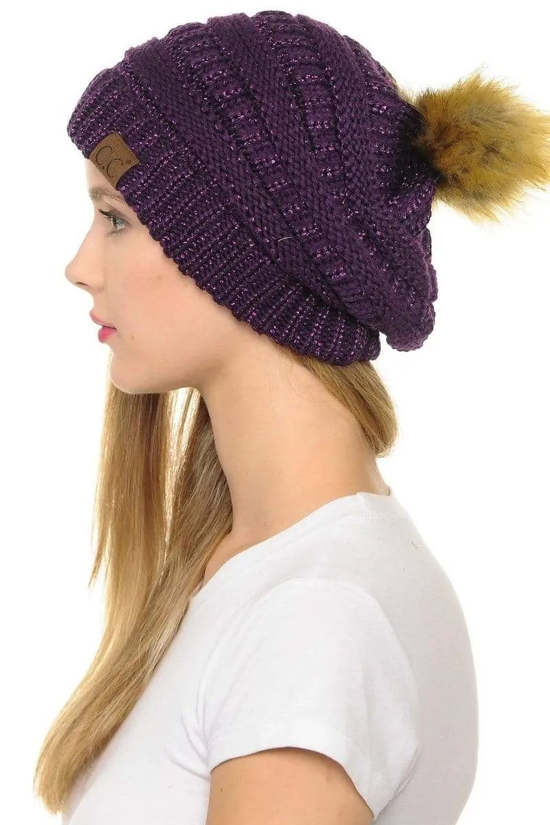 C.C Hat 43M - Slouchy Thick Warm Cap Hat Skully Metallic Faux Fur Pom Pom Cable Knit Beanie