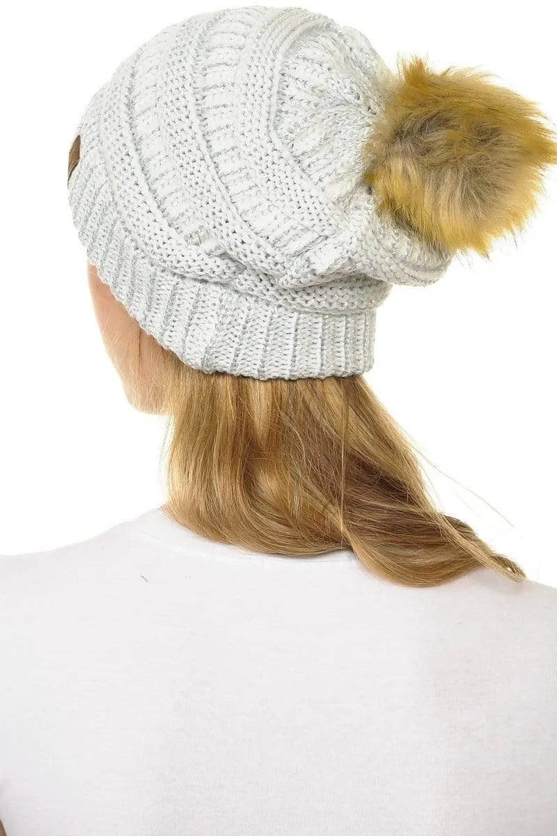 C.C Hat 43M - Slouchy Thick Warm Cap Hat Skully Metallic Faux Fur Pom Pom Cable Knit Beanie