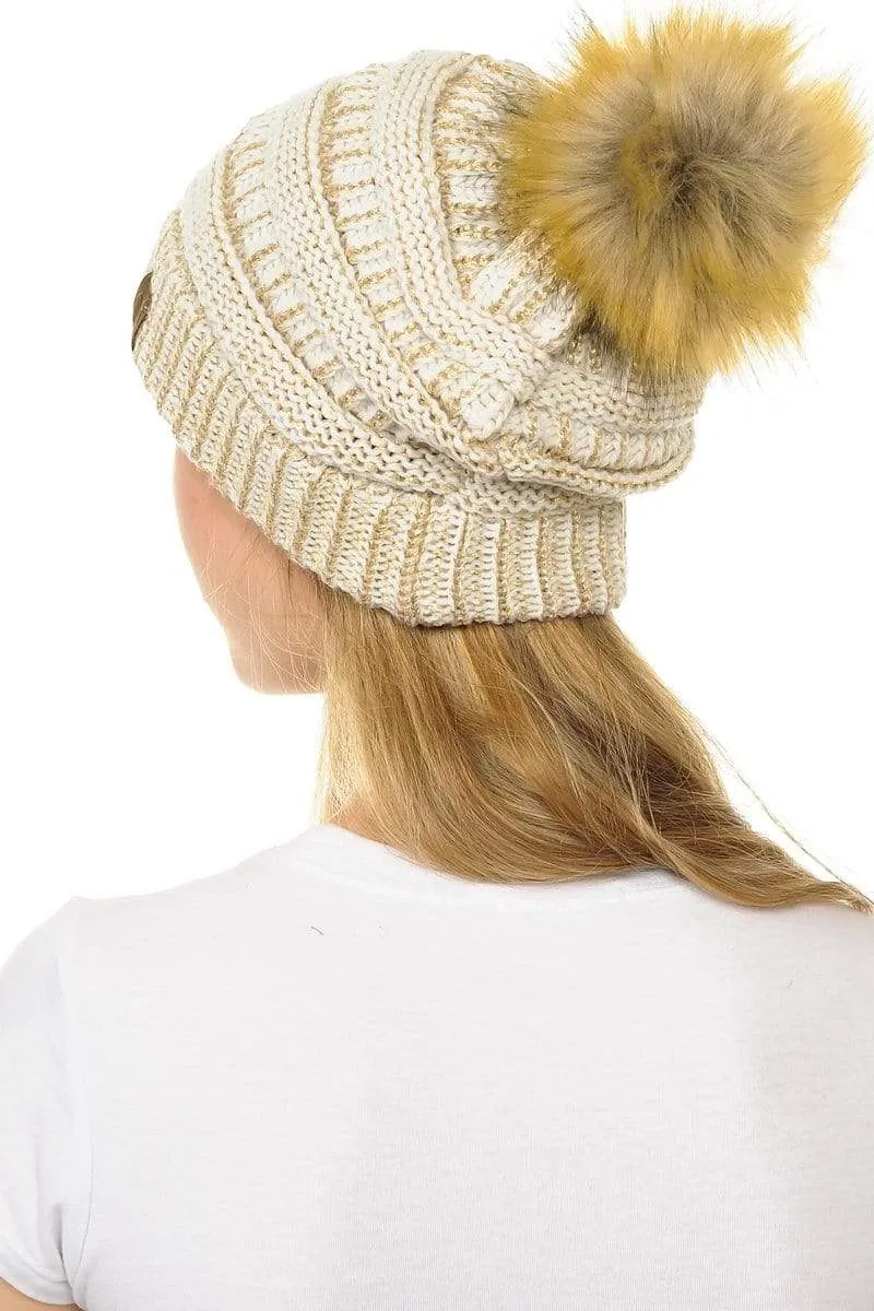 C.C Hat 43M - Slouchy Thick Warm Cap Hat Skully Metallic Faux Fur Pom Pom Cable Knit Beanie