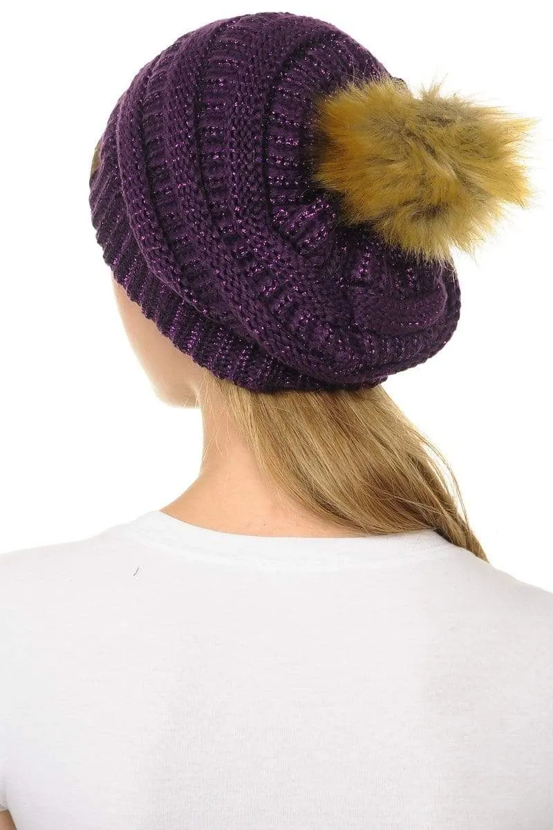 C.C Hat 43M - Slouchy Thick Warm Cap Hat Skully Metallic Faux Fur Pom Pom Cable Knit Beanie