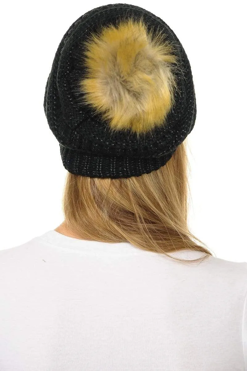 C.C Hat 43M - Slouchy Thick Warm Cap Hat Skully Metallic Faux Fur Pom Pom Cable Knit Beanie