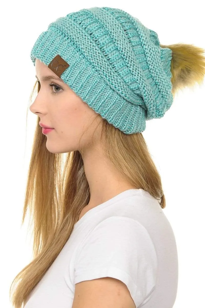 C.C Hat 43M - Slouchy Thick Warm Cap Hat Skully Metallic Faux Fur Pom Pom Cable Knit Beanie