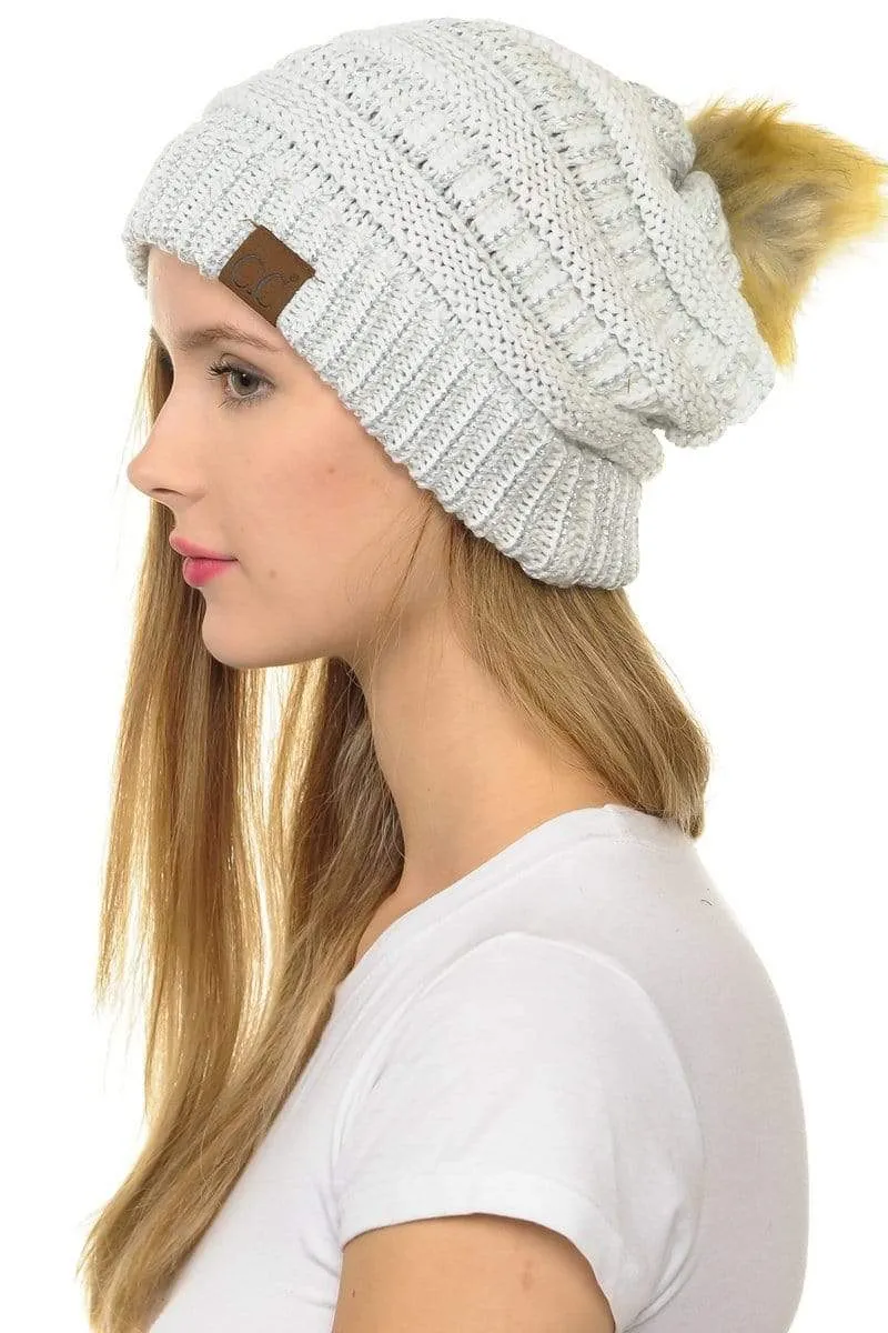 C.C Hat 43M - Slouchy Thick Warm Cap Hat Skully Metallic Faux Fur Pom Pom Cable Knit Beanie