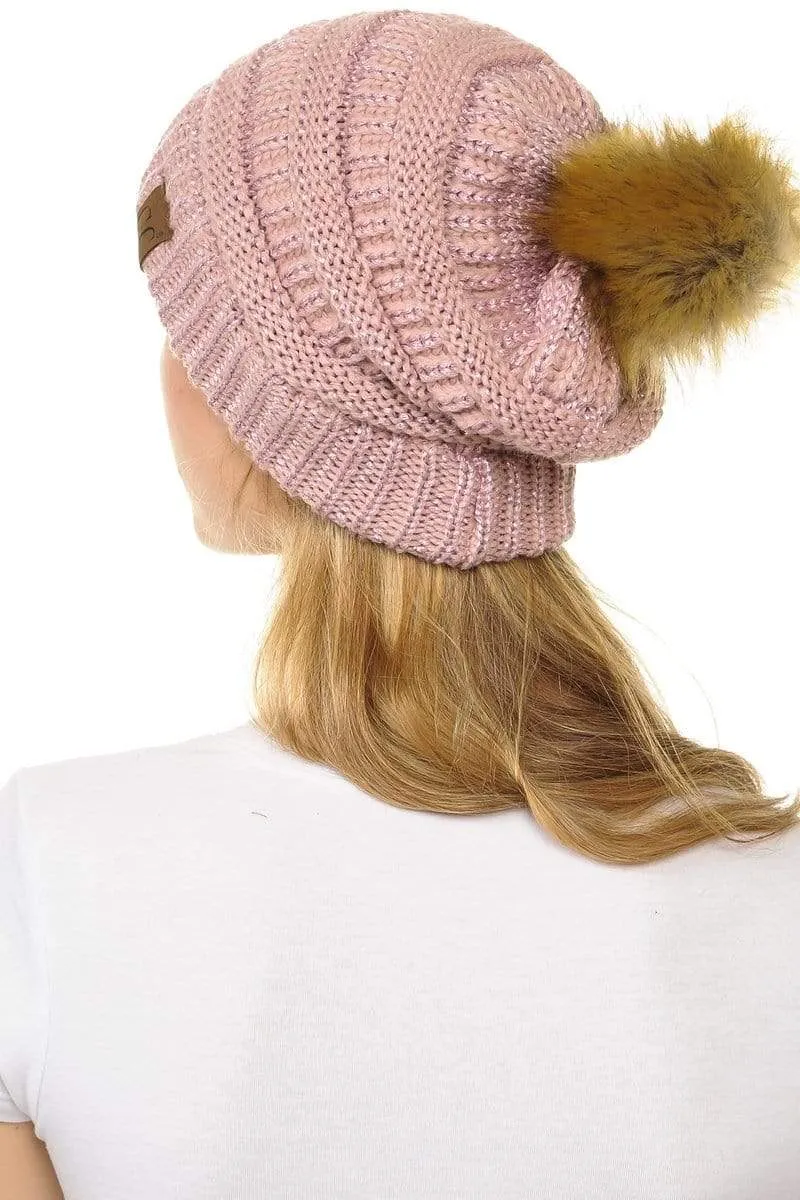 C.C Hat 43M - Slouchy Thick Warm Cap Hat Skully Metallic Faux Fur Pom Pom Cable Knit Beanie