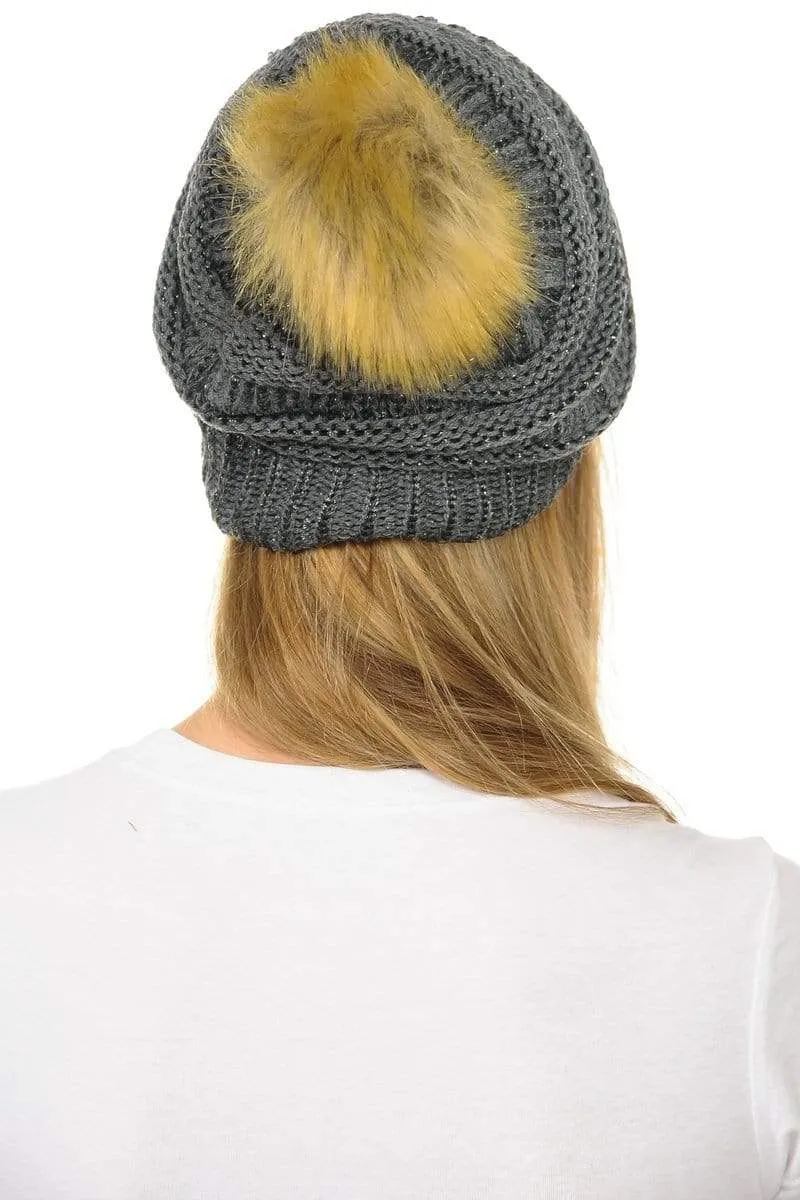 C.C Hat 43M - Slouchy Thick Warm Cap Hat Skully Metallic Faux Fur Pom Pom Cable Knit Beanie