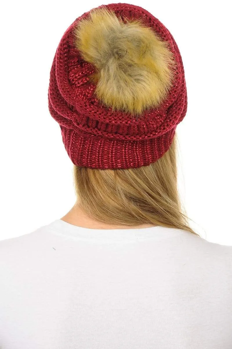 C.C Hat 43M - Slouchy Thick Warm Cap Hat Skully Metallic Faux Fur Pom Pom Cable Knit Beanie