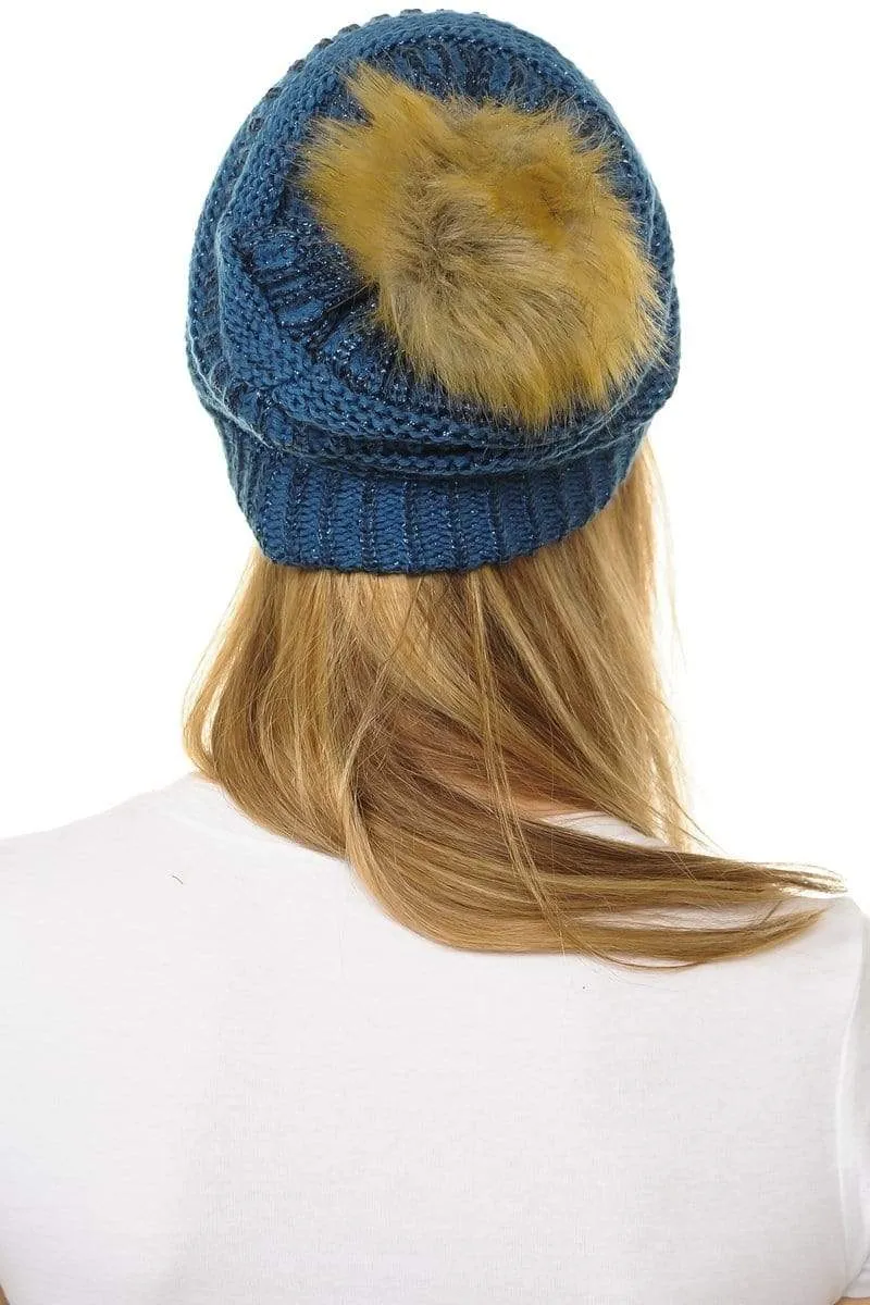 C.C Hat 43M - Slouchy Thick Warm Cap Hat Skully Metallic Faux Fur Pom Pom Cable Knit Beanie