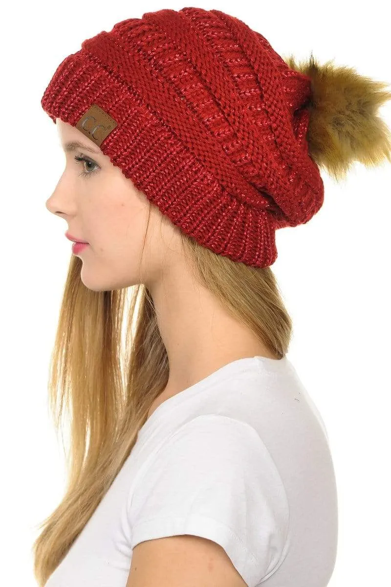 C.C Hat 43M - Slouchy Thick Warm Cap Hat Skully Metallic Faux Fur Pom Pom Cable Knit Beanie