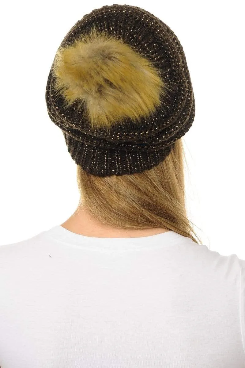 C.C Hat 43M - Slouchy Thick Warm Cap Hat Skully Metallic Faux Fur Pom Pom Cable Knit Beanie