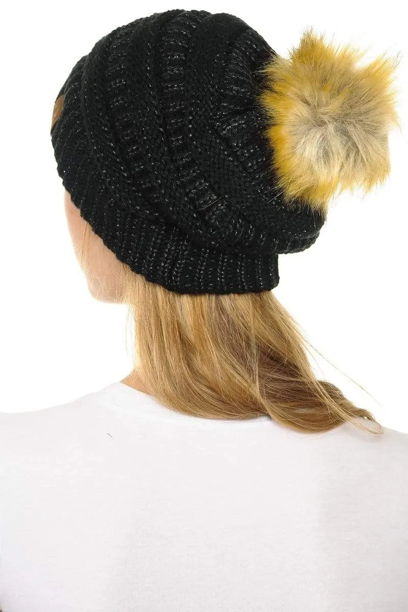 C.C Hat 43M - Slouchy Thick Warm Cap Hat Skully Metallic Faux Fur Pom Pom Cable Knit Beanie