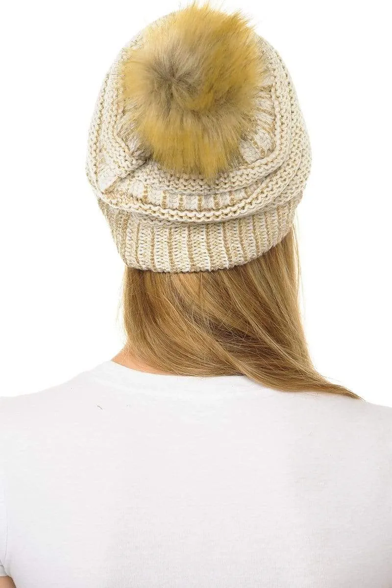 C.C Hat 43M - Slouchy Thick Warm Cap Hat Skully Metallic Faux Fur Pom Pom Cable Knit Beanie