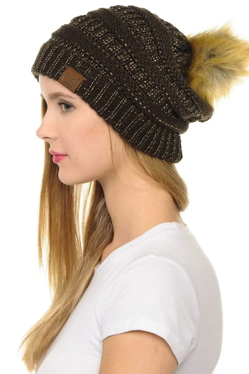 C.C Hat 43M - Slouchy Thick Warm Cap Hat Skully Metallic Faux Fur Pom Pom Cable Knit Beanie