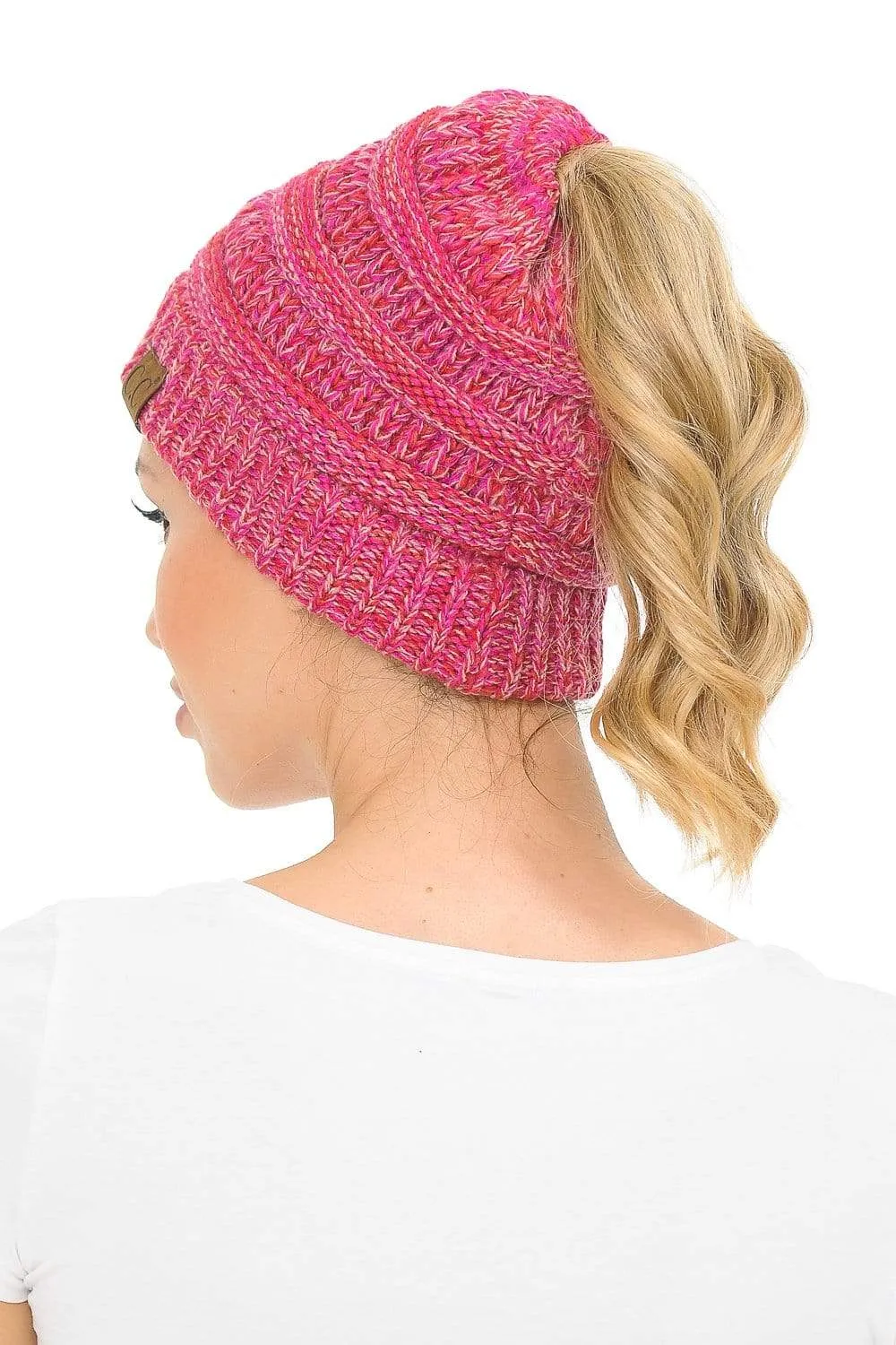 C.C MB816 - Soft Stretch Cable Knit Warm Ponytail Hat 4 Toned Mixed Multi Color Beanie